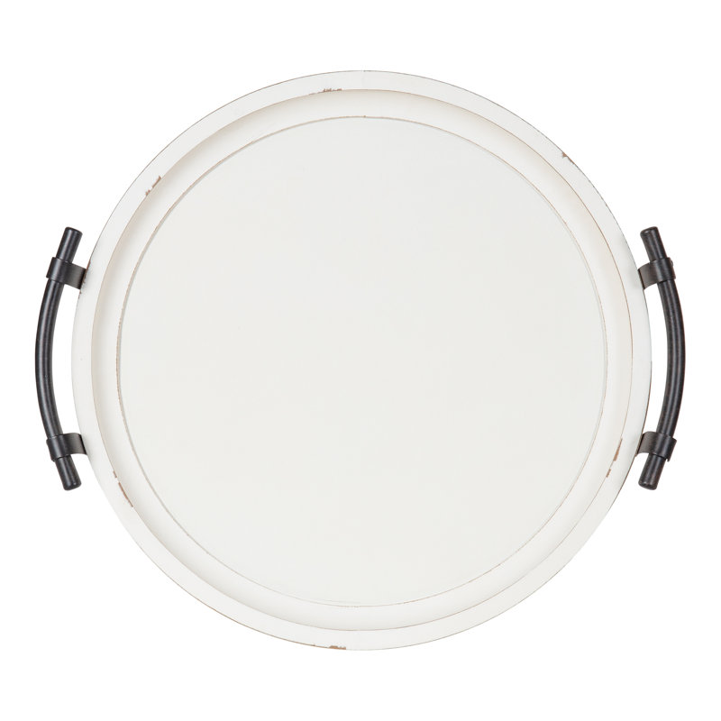 Rustic White 15" Wooden Round Serving Tray with Metal Handles