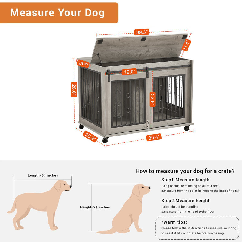 Table d'appoint pour chien avec porte coulissante, cloison pour deux chiots l 43,7 po, blanc et brun rustique, Gris