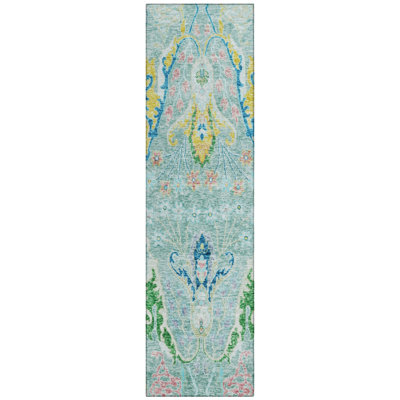 Machine Washable Indoor/Outdoor Xhevrie Teal Rug