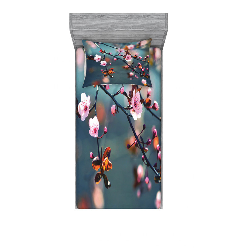 Ensemble de draps japonais fleurs de cerisier en fleurs, Ensemble de draps pour lit simple avec drap-housse