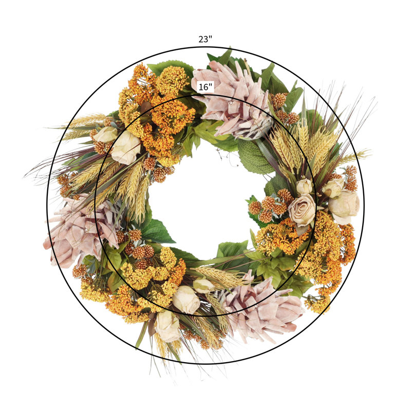 Pumpkin Spice & Everything Nice 26" Fall Wreath with Queen Anne's Lace, Lilacs, Banksia and Wheat, Beige/Orange