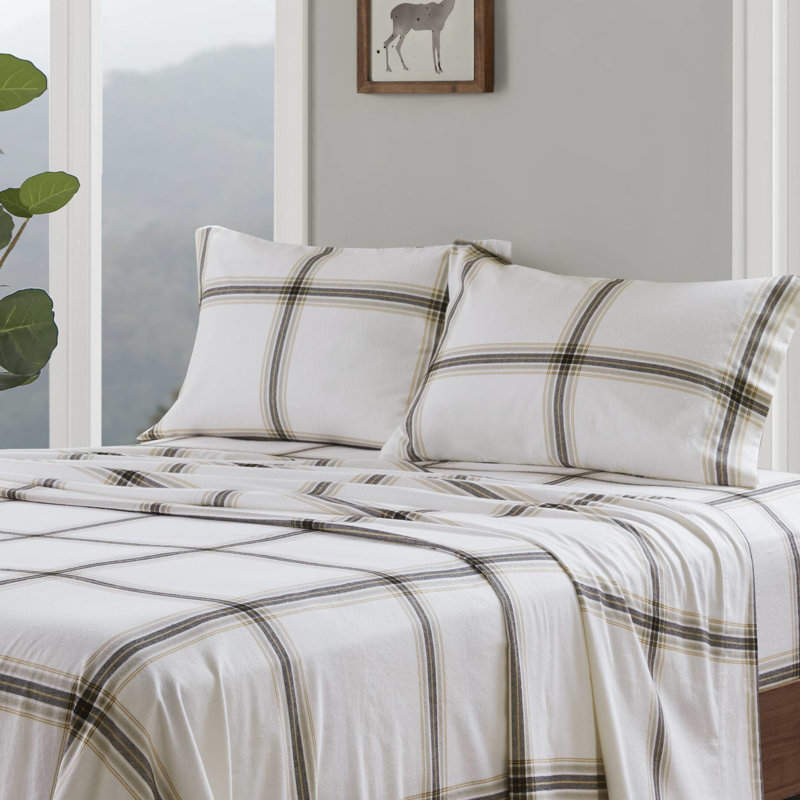 4 pièces pour grand lit en 100% flanelle de coton brun clair à motif écossais de 12 po pour grand lit de 14 po convenant aux deux côtés sans substance nocive - lavable à la machine