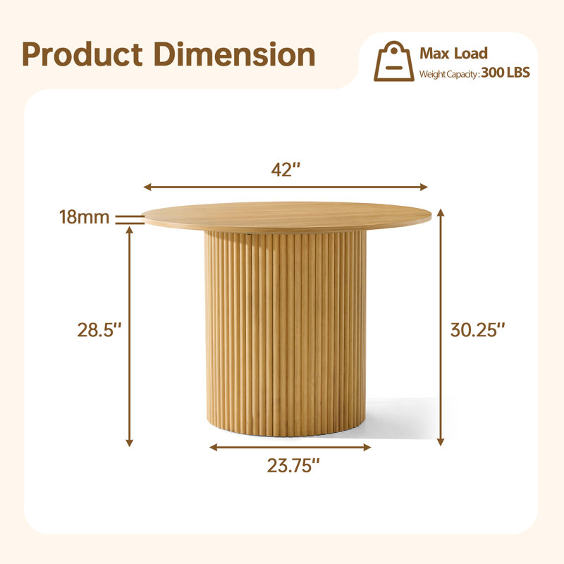 Table de salle à manger moderne 42 po avec base piédestal cannelée, H 30,25 po x l 42 po x P 42 po, Naturel