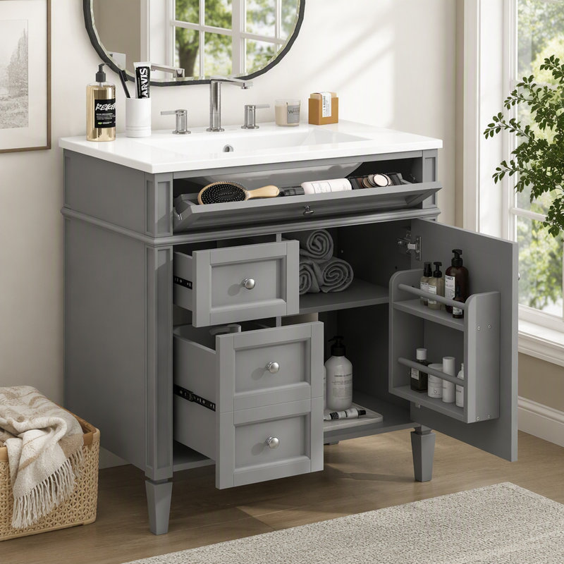 30" Modern Bathroom Vanity with Top Sink, Storage Cabinet with 2 Drawers and Tip-out Drawer, Grey