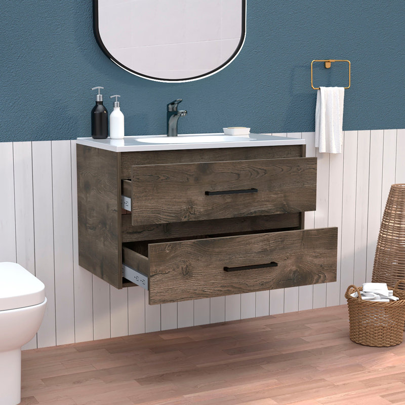 Confortable meuble-lavabo flottant 20,4 po avec 2 tiroirs, brun foncé / blanc avec