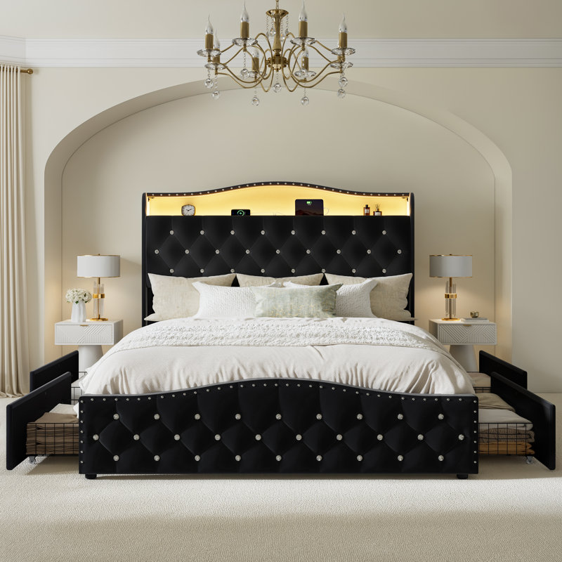 Upholstered Queen Bed Frame with 4 Storage Drawers and 52.5" Tall Headboard, Platform Bed with Charging Station & LED Light, No Spring Box Needed