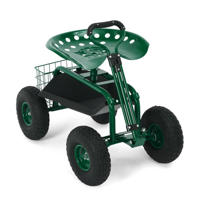 Rolling Garden Work Seat with Wheels, 400 lbs Heavy Duty Garden Cart with Swivel Adjustable Seat, Storage Basket & Extendable Handle