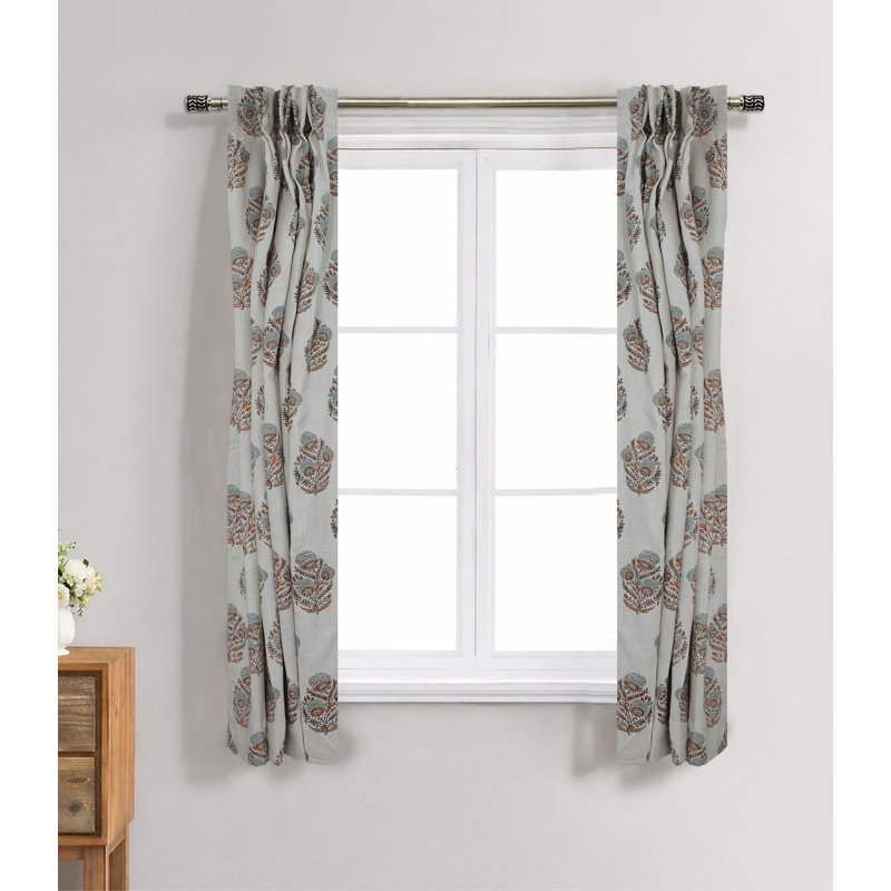 Handmade Linen Pleated Curtains – Gray Brown Floral Block Print Drapes for Living Room, 54" W X 29" L