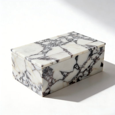 Boîte de rangement rectangulaire en marbre blanc avec veines mauves