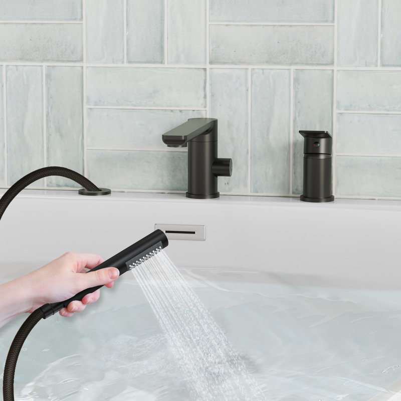 Single Handle Deck Mounted Roman Tub Faucet with Hand Shower & Swivel Spout, Matte Black