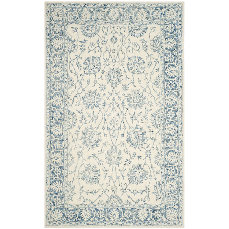 Ferrera Handmade Tufted Wool/Cotton Ivory/Blue Area Rug, Rectangle 5' x 8'
