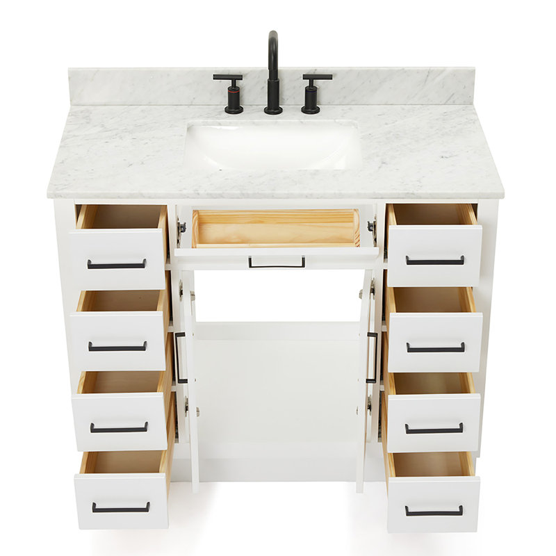 Jameal 42'' Solid Wood Single Bathroom Vanity with 0.75'' Carrara Marble Top, White, Center , Rectangular 