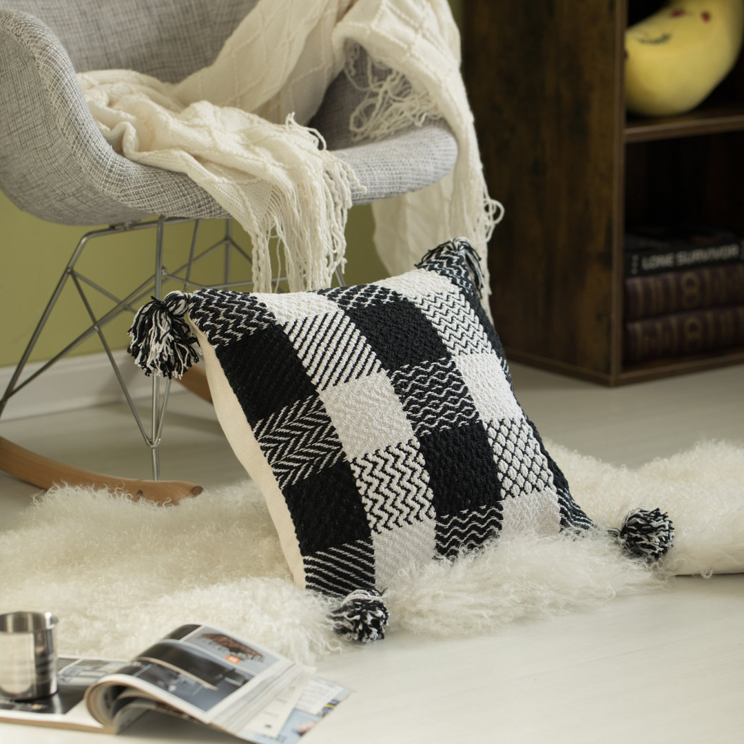 16" Handwoven Cotton Throw Pillow Cover with Patterned Gingham Design and Tasseled Corners without Cushion, Black & White DEERLUX