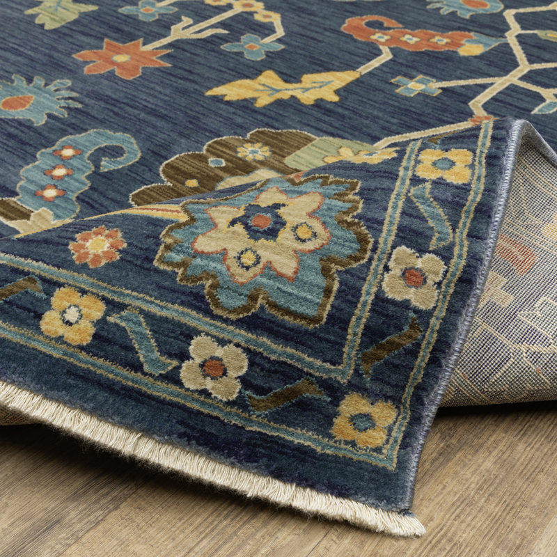 Tapis oriental en polypropylène tissé à la machine en bleu / or / orange, Rectangle 9 pi 10 po x 12 pi 10 po