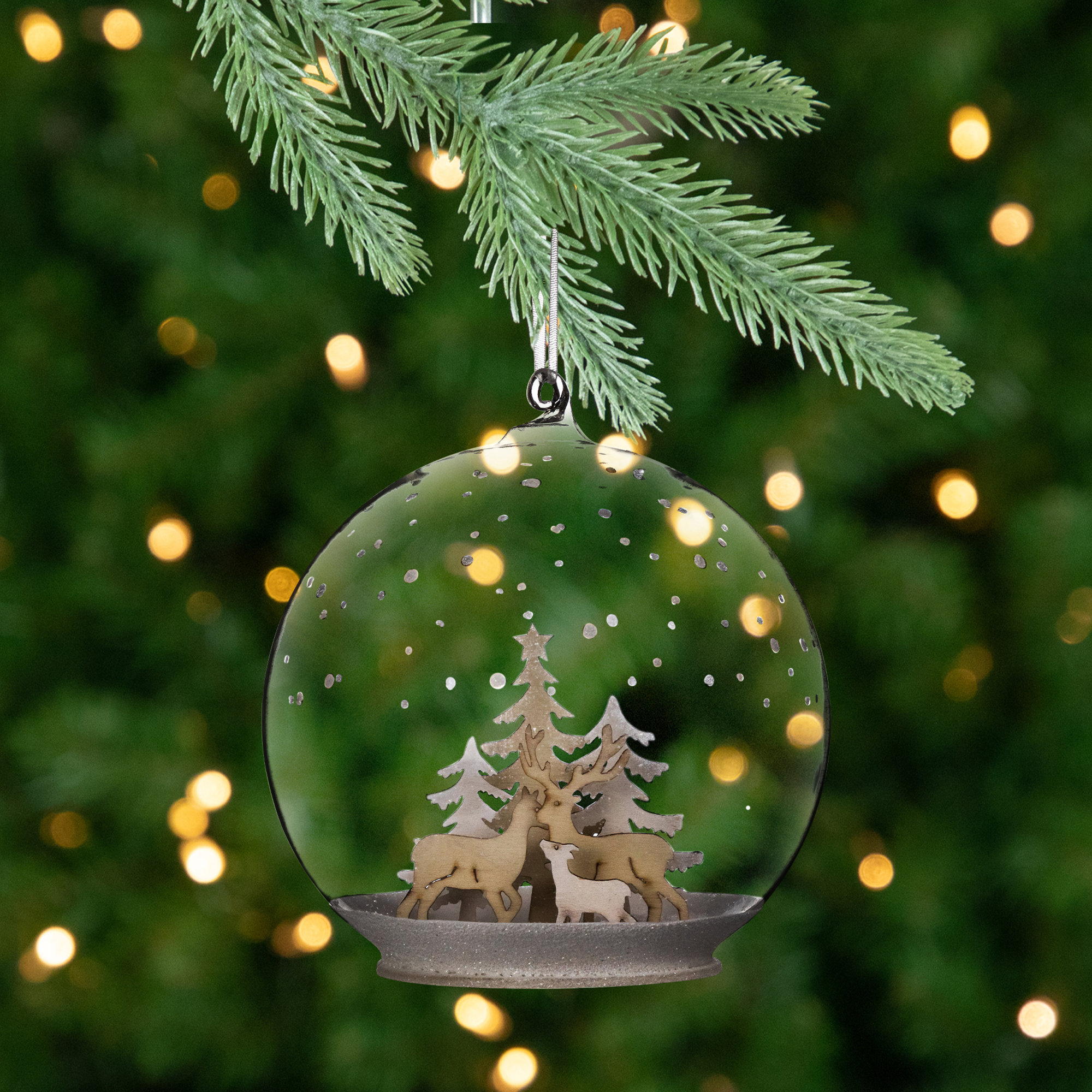 Deer Family In Snow Glass Globe Christmas Ornament - 4.75"