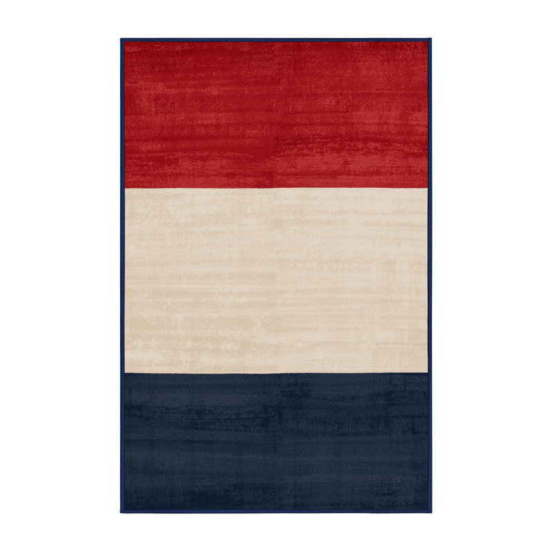 Tapis beige moderne et contemporain lavable à la machine Ahart du 4 juillet - reliure marine, 2 x 3