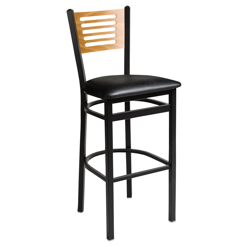 Espy Slotted Wood Back Barstool - Light Cherry Back - Quick Ship Black Vinyl Seat - Steel Frame - Sand Black Finish