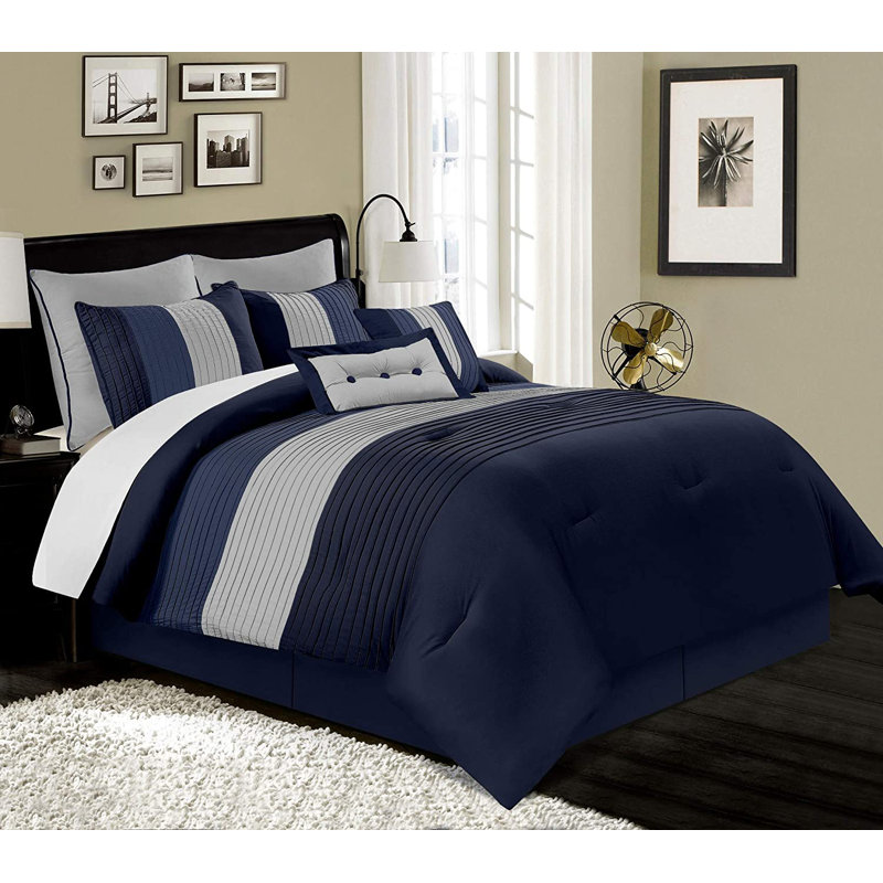 Loft 8-Piece Pleated Stripe Microfiber Comforter Set, Full Comforter + 2 Standard Shams, Navy