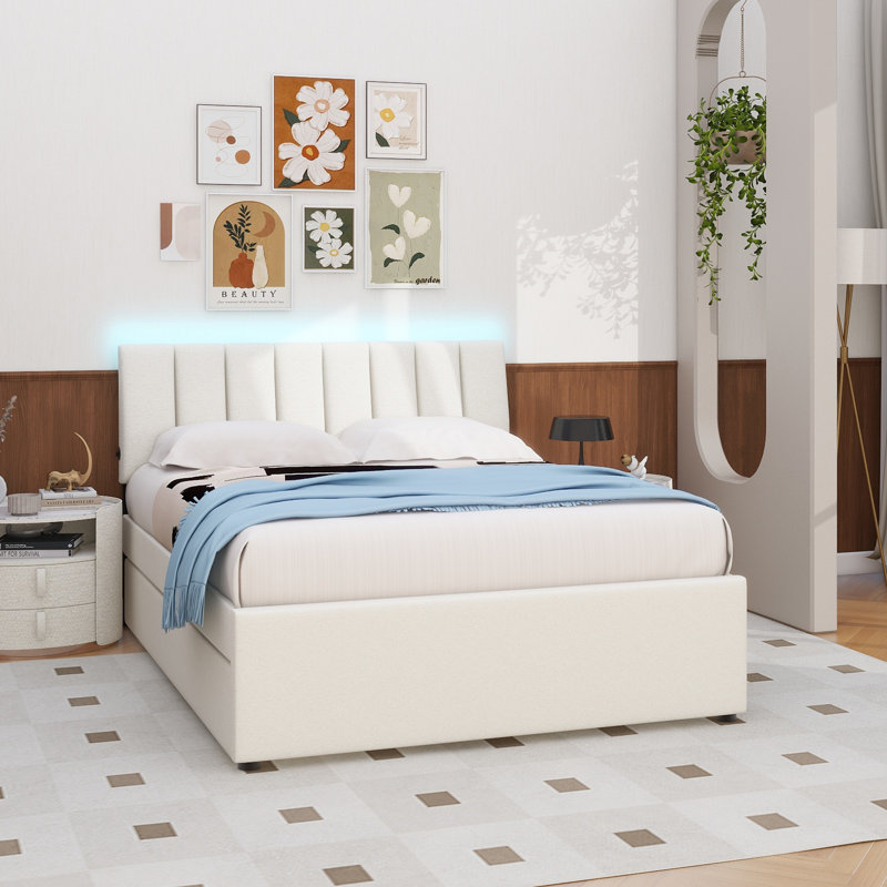 Lit plateforme tapissier avec lit gigogne double Teddy, Beige, Lit double