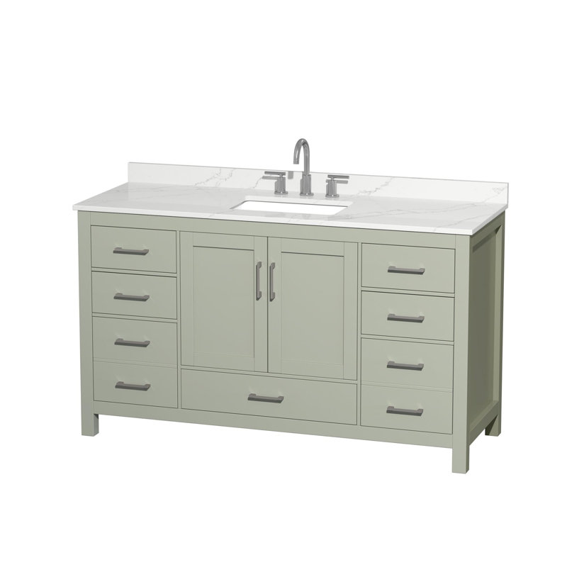 Sheffield 60" Freestanding Single Bathroom Vanity with Quartz Top, Giotto Quartz, Green, Brushed Nickel