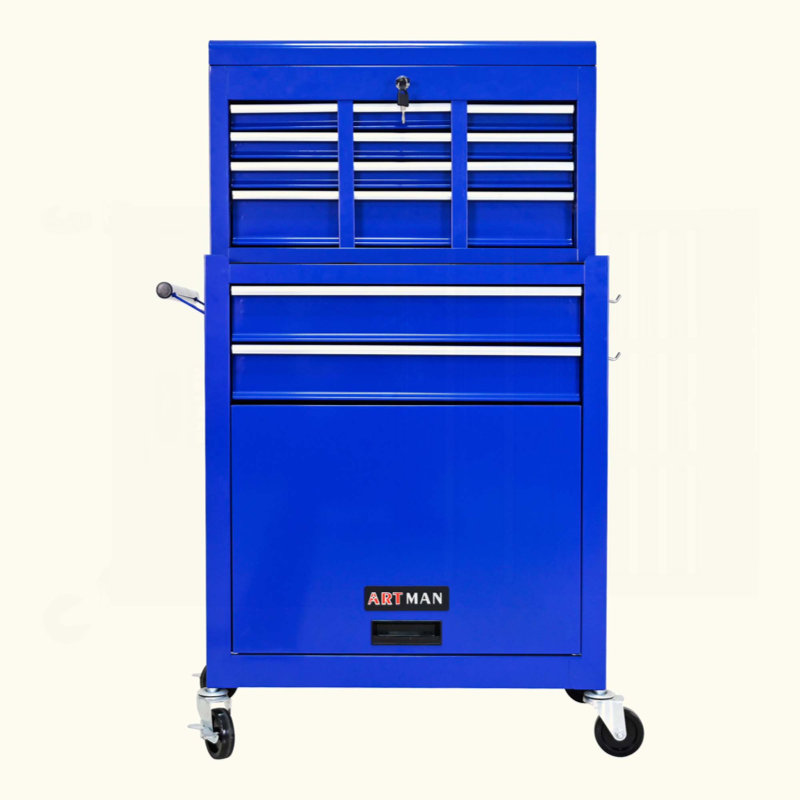 Coffre à outils roulant à grande capacité avec roulettes et tiroirs, armoire de rangement pour outils à 8 tiroirs, Bleu