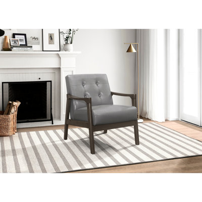 Chaise d'appoint avec revêtement gris, capitonnage à boutons, similicuir en bois massif style Mid-Century