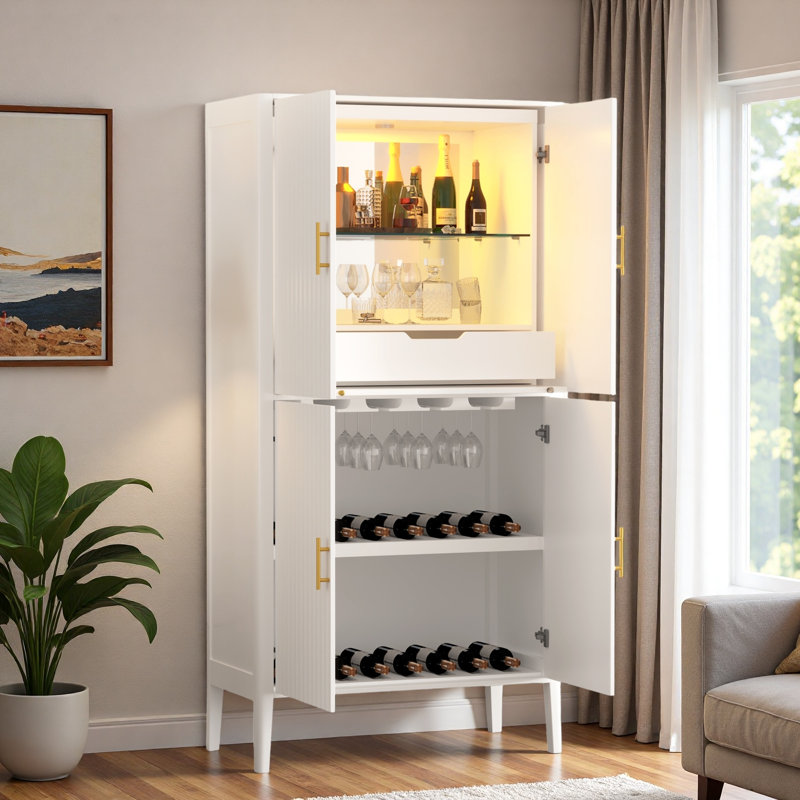 Modern Fluted Wine Cabinet With Glass Display, Stemware Rack, Drawer, Adjustable Shelves And Built-in Led Lighting, White