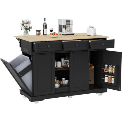 Large Rolling Kitchen Island Cart with Power Outlet, 3 Drawers, Drop Leaf, Trash Can Storage, Spice Rack & Towel Rack, 54" Mobile Table