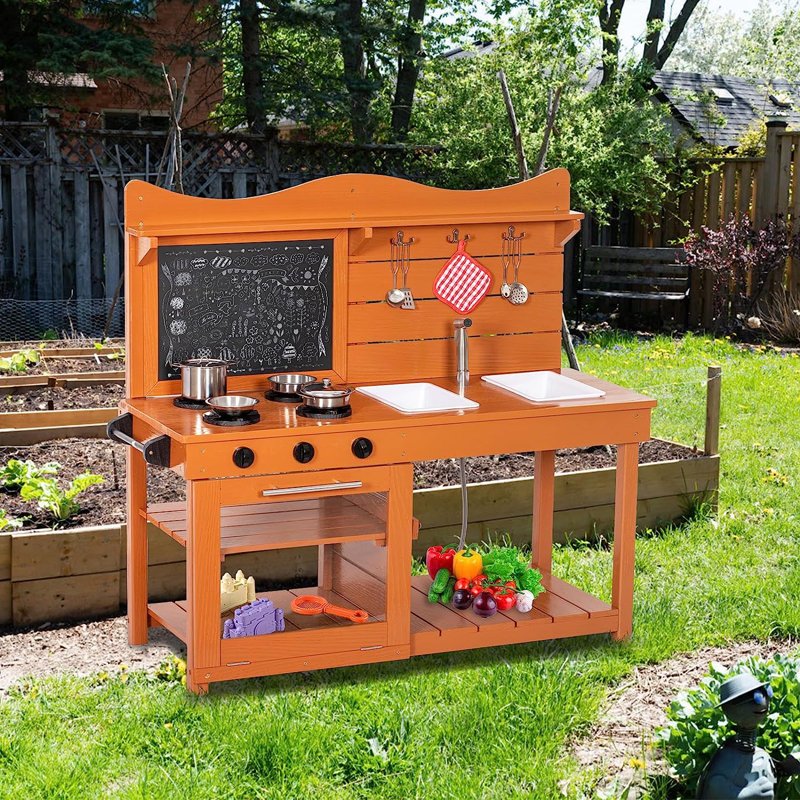Wooden Mud Kitchen, Outdoor Kitchen Playset For Kids, Toddler Pretend Play Kitchen With Blackboard, Kitchenware, Stove