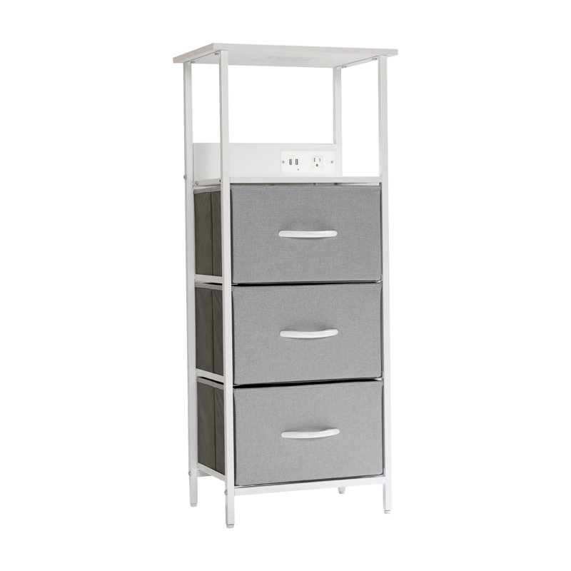 3 Fabric Drawer Nightstand With 2 USB Ports And 1 Outlet Charging Station, Gray