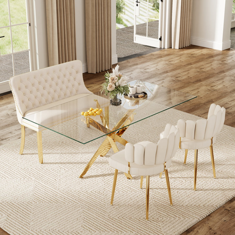 Ensemble de table de salle à manger en verre Baltimore, table de cuisine moderne en verre et chaises en velours, ensemble de table de salle à manger avec banc en velours pour la cuisine, les maisons et les appartements
