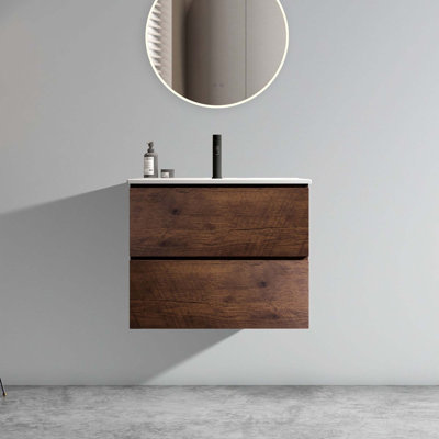 Meuble-lavabo mural avec lavabo en céramique avec un trou de robinet, grand meuble-lavabo flottant de rangement pour salle de bain moderne, pré-assemblé