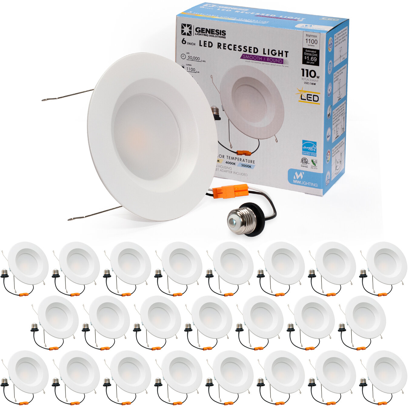 Fakultet Daggry Perennial MW LIGHTING 6 Inch 5 Selectable Color Temperature LED Downlight Retrofit  With Smooth Trim, 2700/3000/3500/4000/5000K, Dimmable, 100W Incandescent  Equal, 1100LM, Energy Star (24 Pack) & Reviews | Wayfair