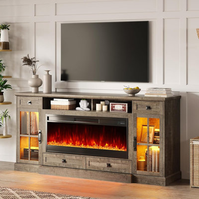 Farmhouse Fireplace TV Stand With Electric Fireplace, LED Lights, And Storage Drawers & Cabinets,Light Oak – Fireplace TV Stand / Wood / Farmhouse