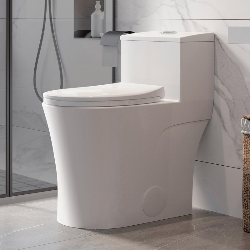 Toilette une pièce Arlo, fauteuil brut 10 po, hauteur de chaise ADA 17,3 po, chasse double 1,1 / 1,6 GPF, conception allongée et peu encombrante.