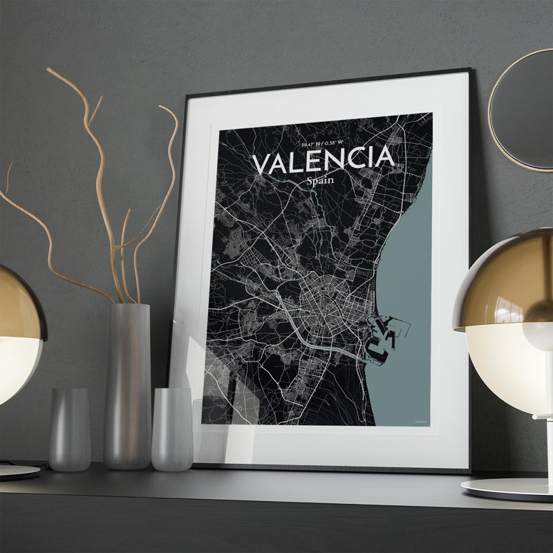 Valencia, carte de la ville, impression, Gris/noir, H 27,6 po x l 19,7 po