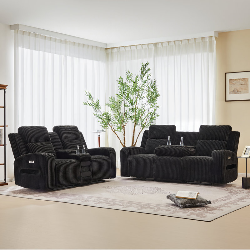 Sizemore 2 Piece Reclining Corduroy With Storage Cup Holder And Bluetooth Speaker Led Light Living Room Set, Black