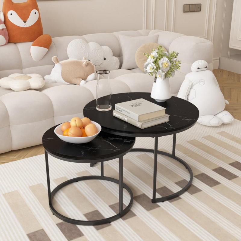 Set Of 2 Nesting Coffee Table, Round Coffee Table With Metal Frame For Living Room, Bedroom, Black
