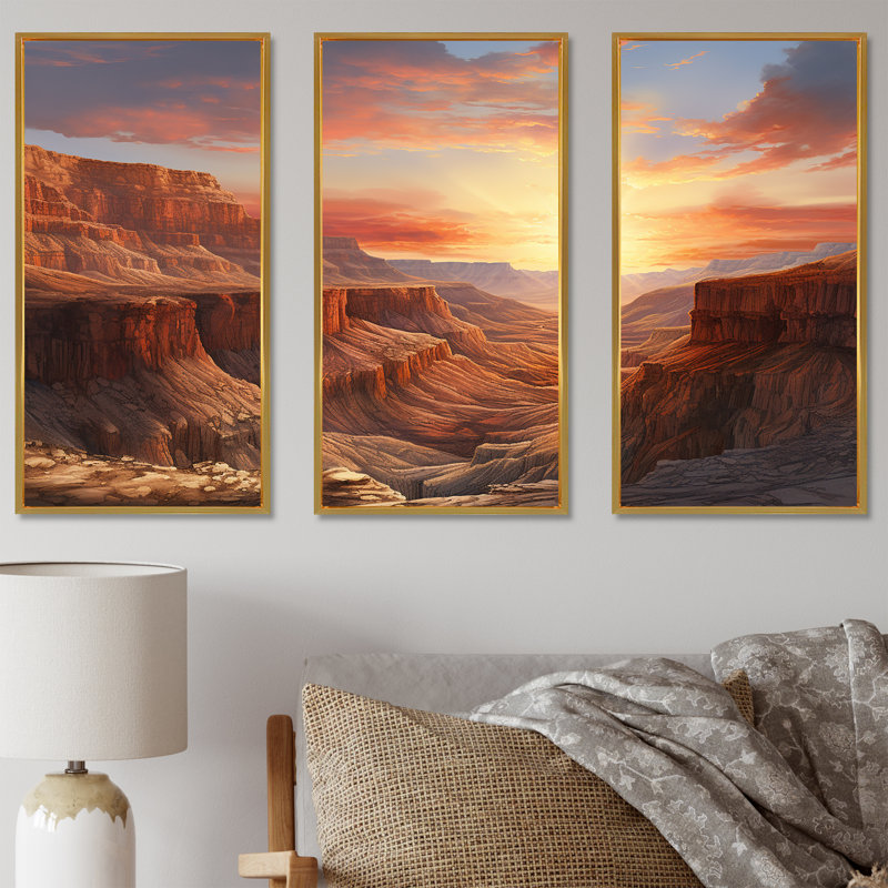 «Canyon Desert Sunset», ensemble d'art mural Canyon, Cadre flottant doré, H 32 po x l 48 po x P 1 po