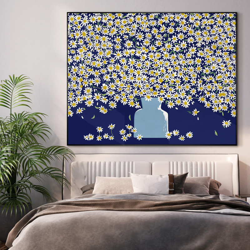 «Daisy Blossom Floral Explosion» sur fond bleu foncé, très grandes illustrations d'art encadrées (assemblage de cadre requis)