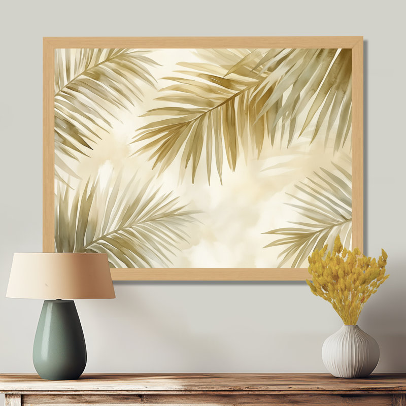 «Neutral Palm Leaves Drift I» - art mural botanique beige, H 16 po x l 32 po, Natural Picture Framed