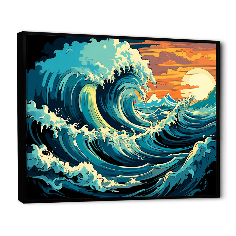 Vagues japonaises dans une tempête II - art mural tropical côtier, Cadre flottant noir, H 30 po x l 40 po x P 1,5 po