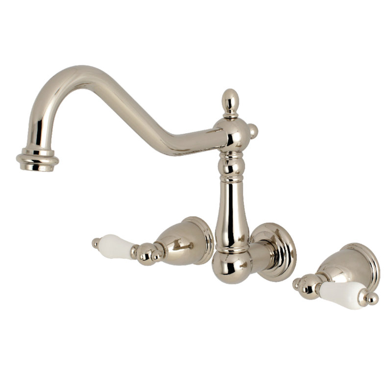 Kingston Brass Heritage Double-Handle 3-Hole Wall-Mount Kitchen Faucet, Polished Nickel