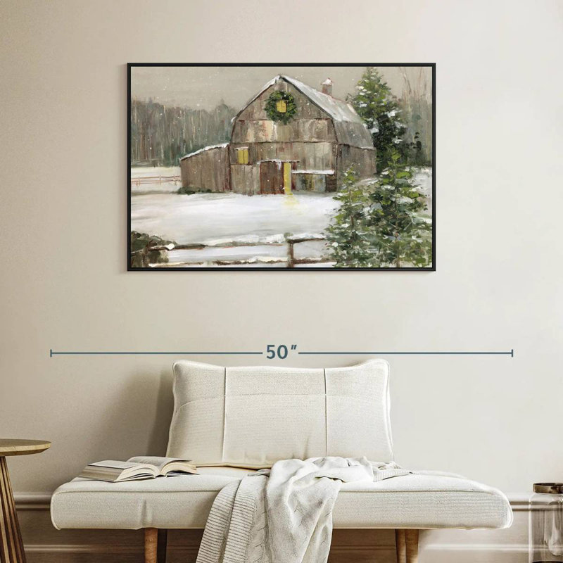 Snowy Winter Barn, Floating Frame Black, 40" X 27"