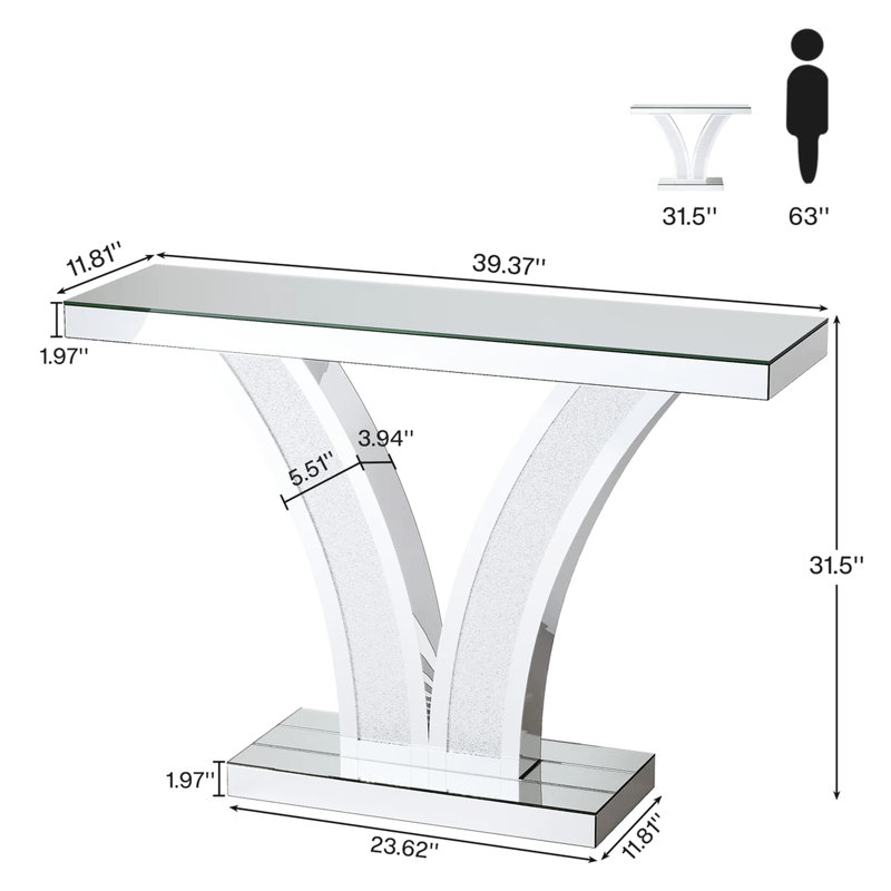 Console en forme de V avec surface en miroir et base stable, configuration simple, ajoutant du luxe à votre couloir, 39,79 po de profondeur, 11,53 de largeur, 31,25 de hauteur, facile à assembler, élégante maison,