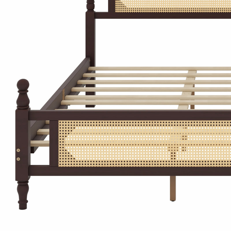 Lit en bois avec tête et pied de lit en rotin, Espresso / Naturel