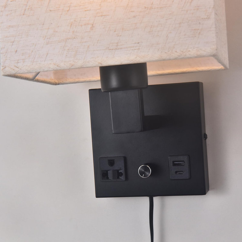Applique murale de chevet pour chambre à coucher, applique murale à brancher - Interrupteur à intensité variable avec prise secteur et port de chargement USB, abat-jour en tissu, lampe murale noire pour salon, hôtel
