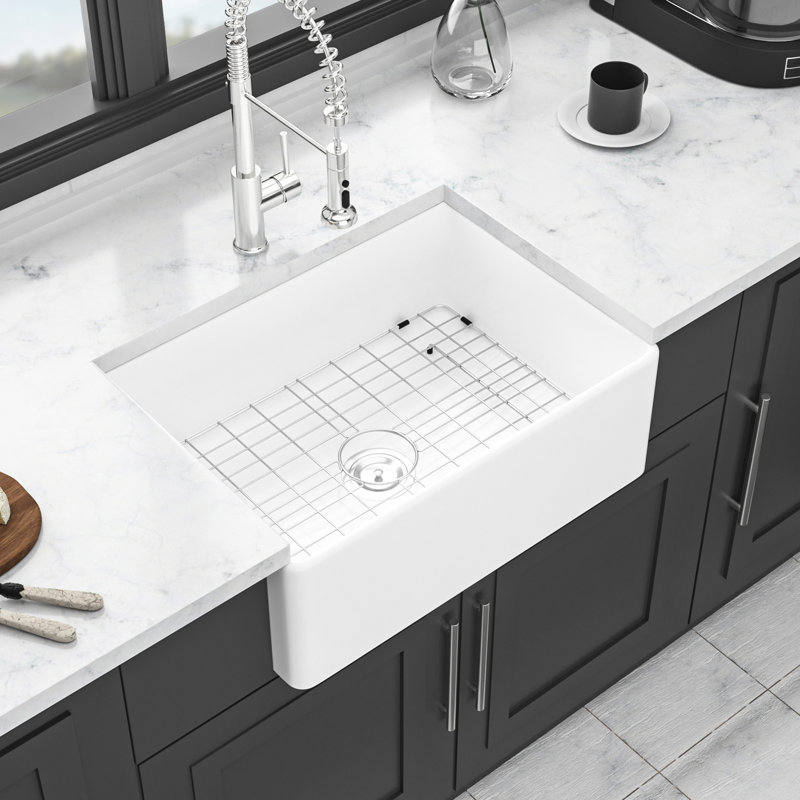 Évier de cuisine blanc en céramique de 28 pouces avec cuve simple, ensemble de drain, grille inférieure, crépine en acier inoxydable 304: chaleur et égratignure, facile à entretenir, blanc, céramique, évier,