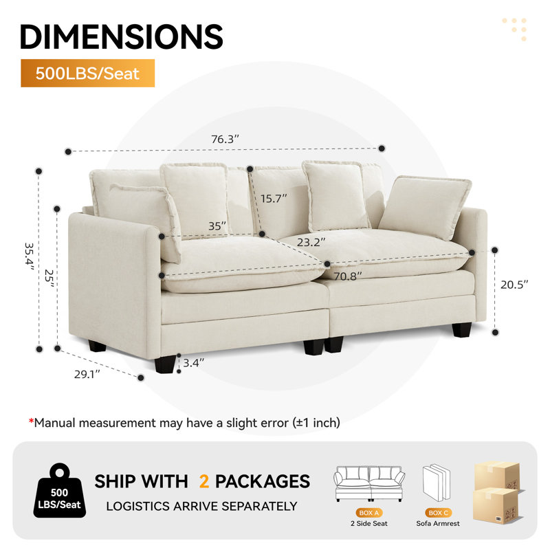 Canapé modulaire en tissu d'ameublement Chenille, Beige, 2 places