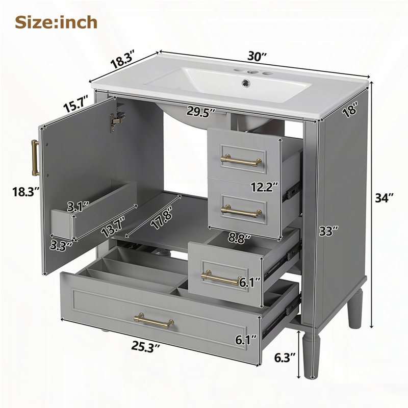 Meuble-lavabo 30 po avec lavabo en céramique, Gris
